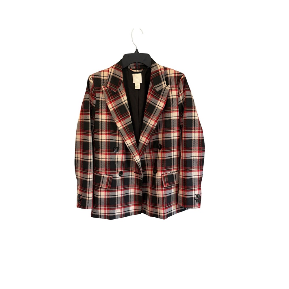 Classic Preppy Red Black Cream Plaid Double Breasted Blazer Size 4 Dark Academia